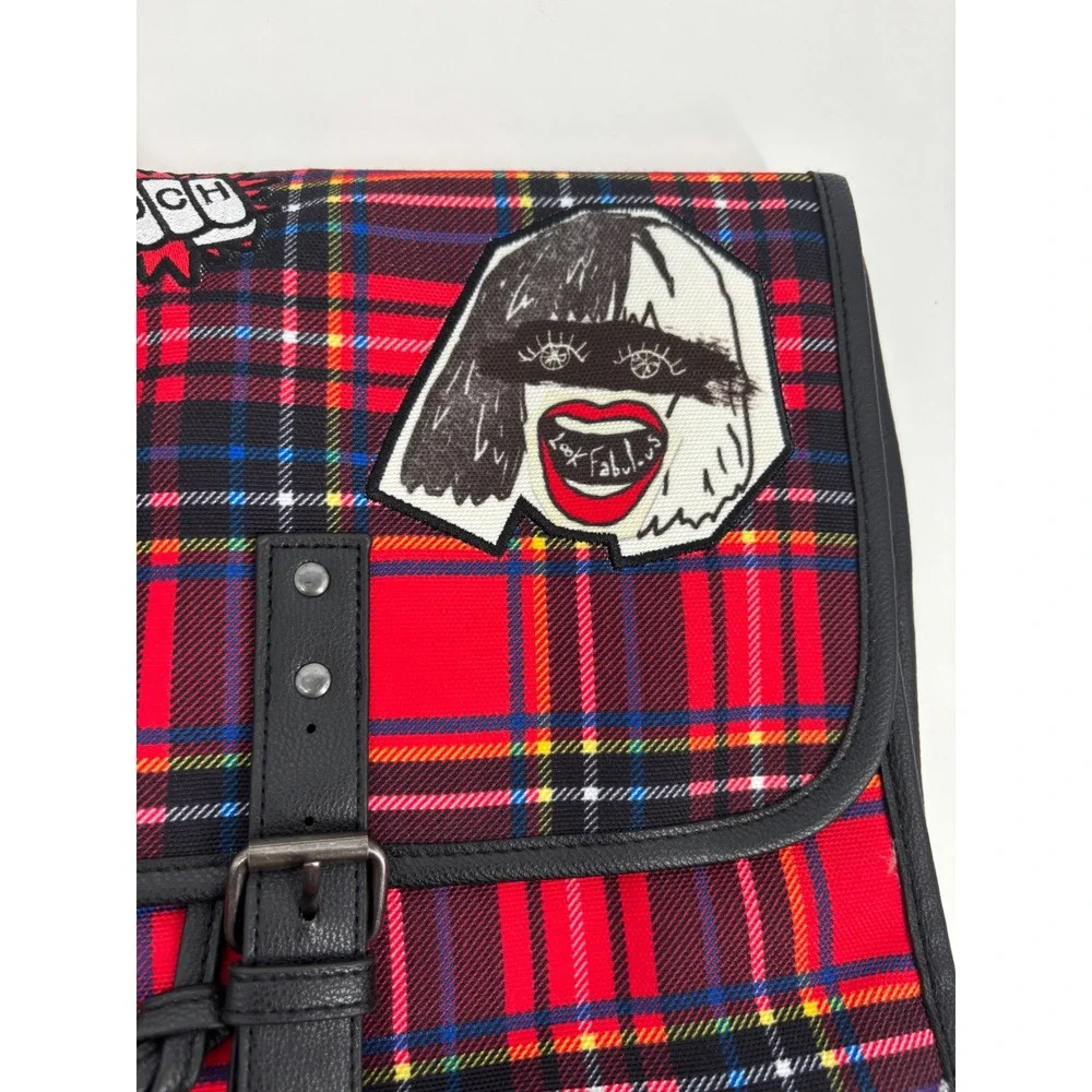 Disney Backpack Unisex OS Red‎ Cruella de Vil Tartan Plaid Punk Patch Rucksack
